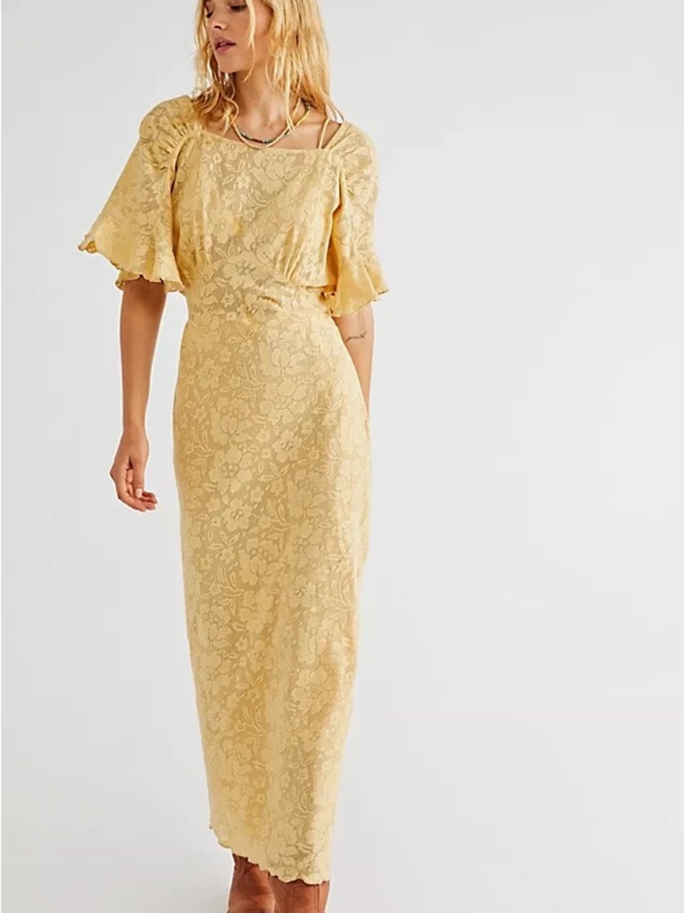 Free People Lace Maxi Dress in Pale Yellow